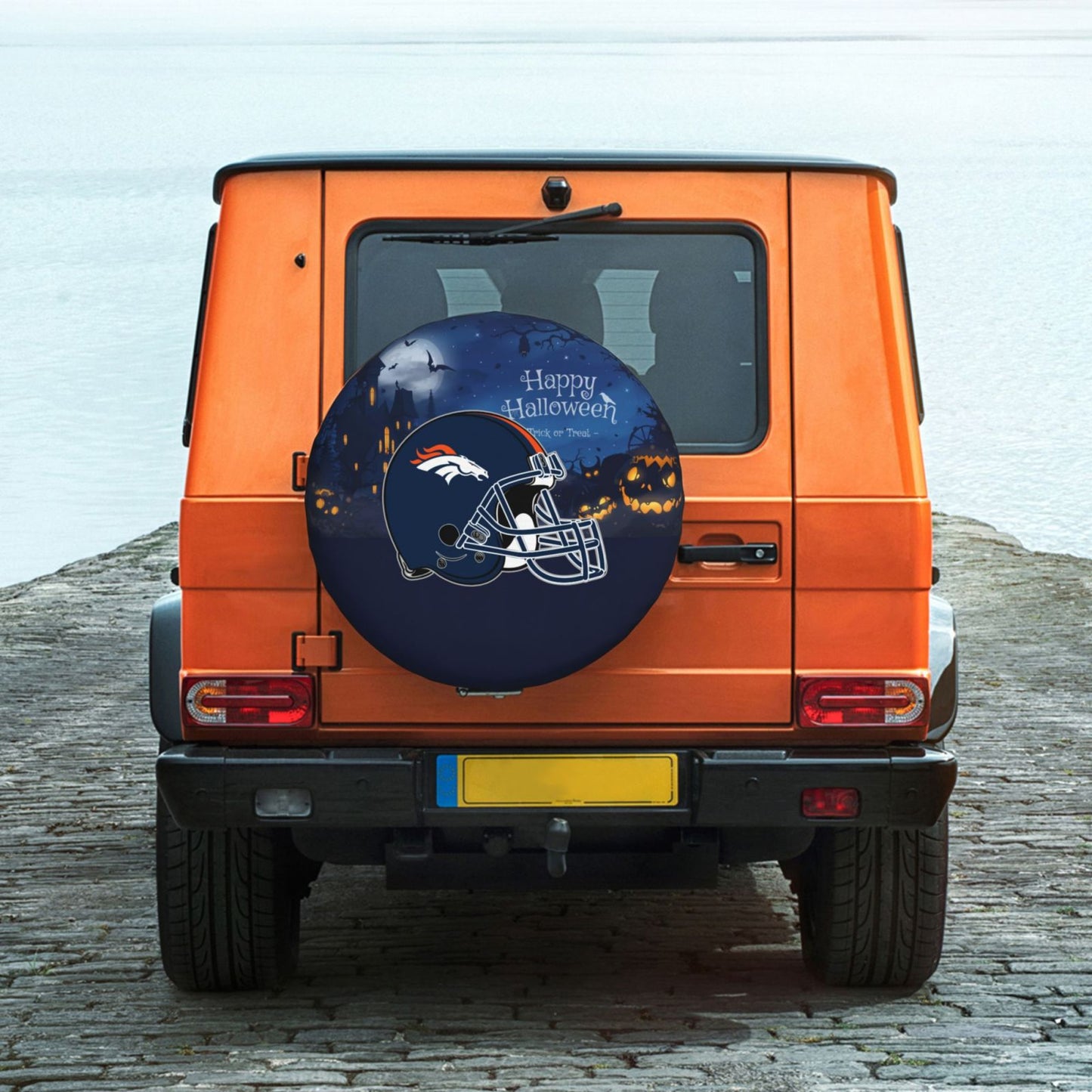 Denver Broncos printed car tire cover Happy Halloween printed tire dust cover