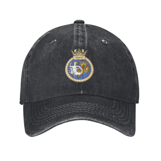 HMS Scylla Royal Navy Vintage Denim Printed unisex baseball cap adjustable cap outdoor trucker hat veterans Gifts